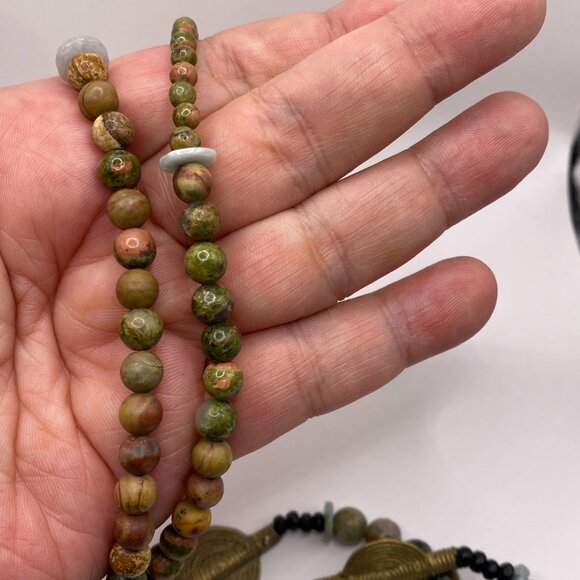 Handmade Carved Jade Beaded Necklace w/ Matching Unakite Bracelet, #403 - Picture 8 of 13